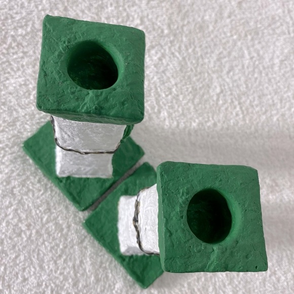 Vintage Hand Made Green White Pink Rose Candle Stick Holders - Picture 6 of 9